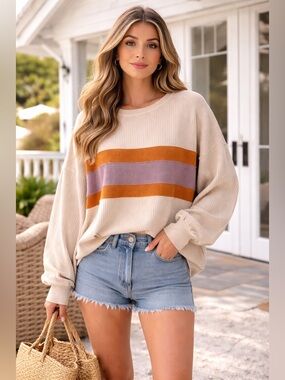 BiBi Cream Ribbed Pullover with Mustard and Mauve Stripes
